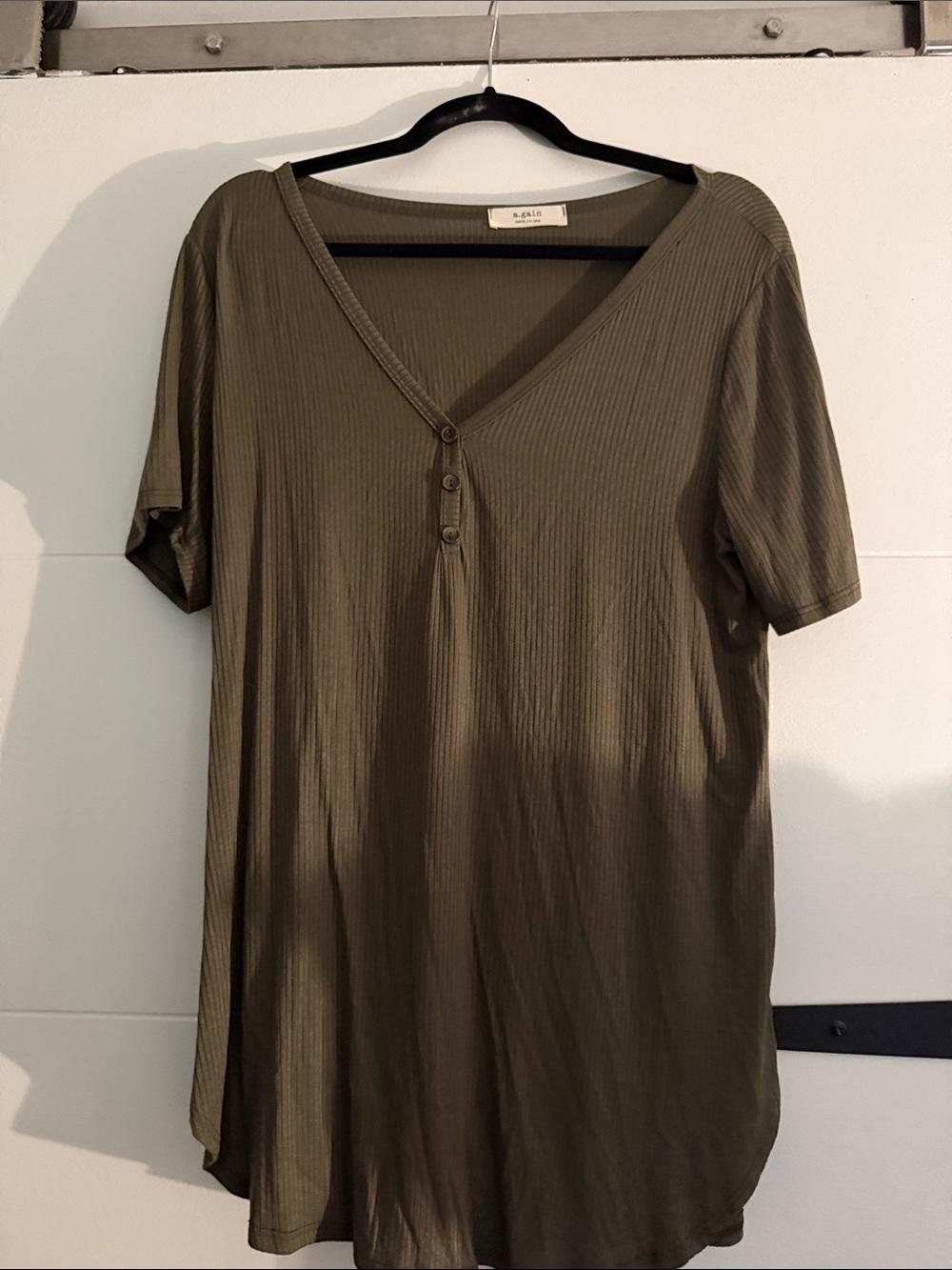Olive Ribbed V-Neck Henley Short Sleeve Top